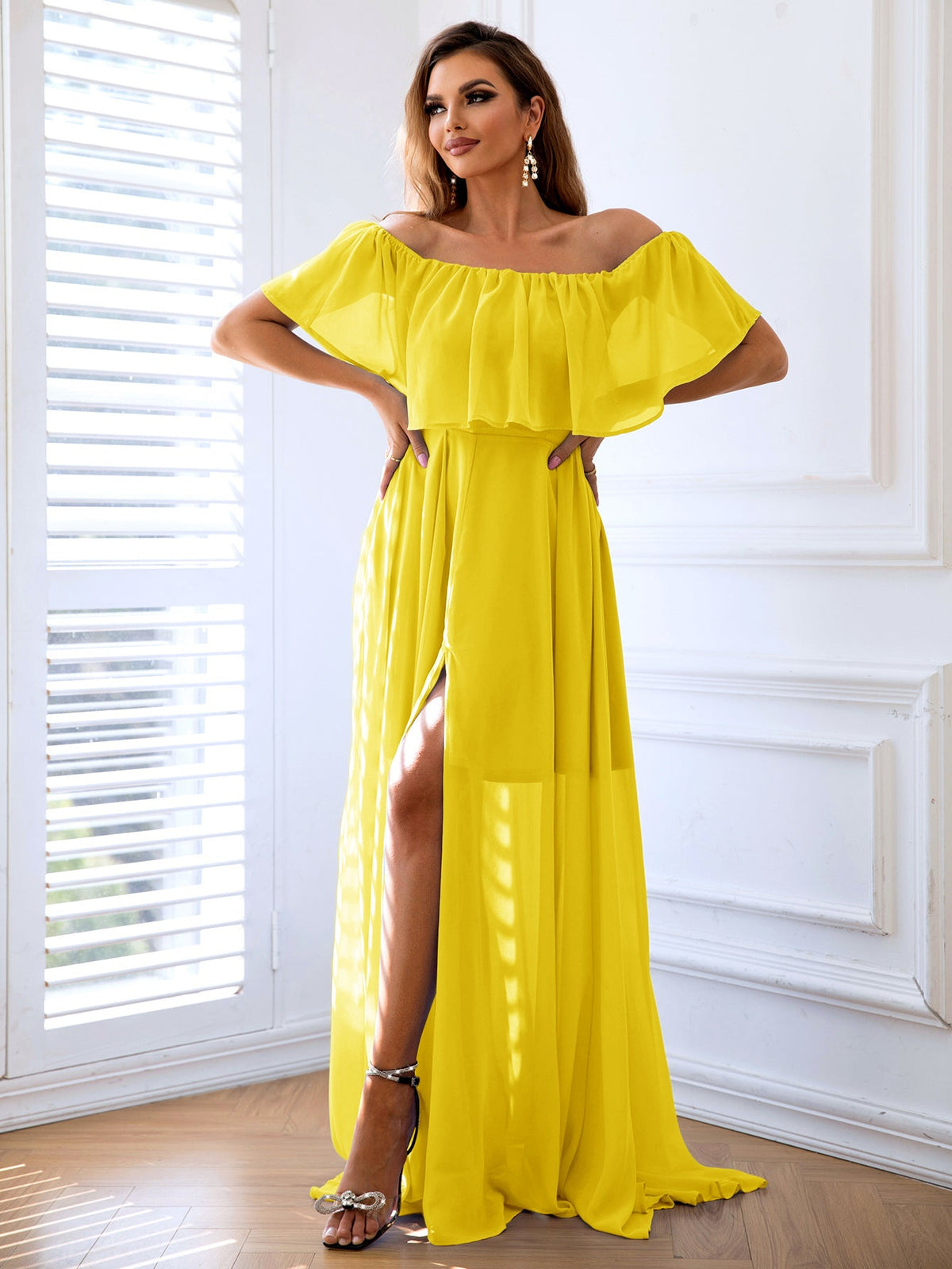 Off-Shoulder Layered Split Maxi Dress Ins Street