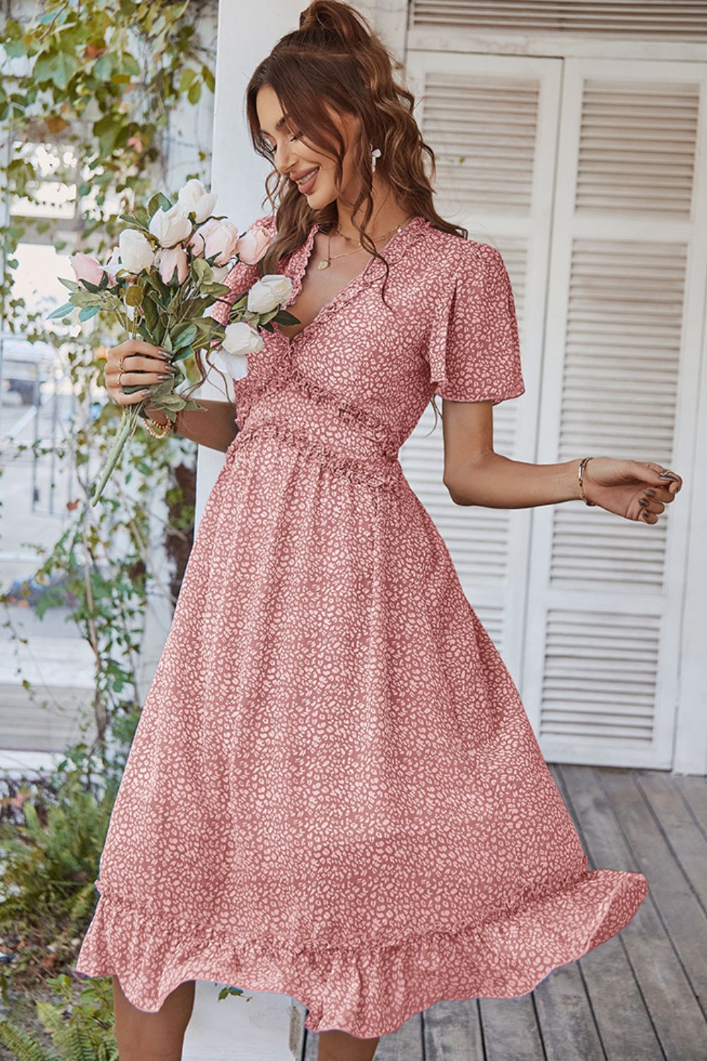 Leopard Frill Trim Flutter Sleeve Dress Ins Street