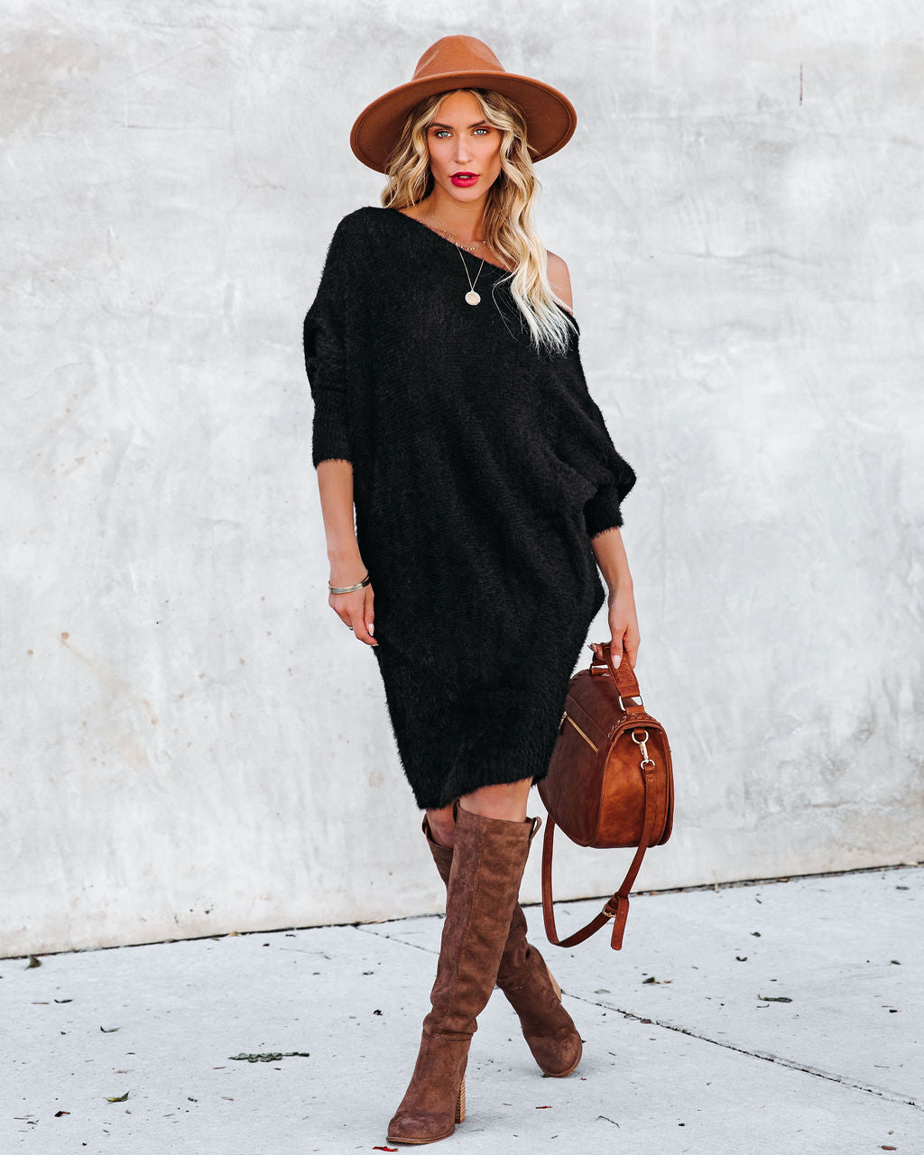 Cecelia Asymmetrical Knit Sweater Dress - Black - FINAL SALE Ins Street