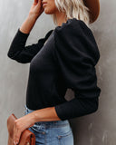 Chivalry Puff Sleeve Ribbed Knit Top - Black VERY-001