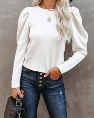 Chivalry Puff Sleeve Ribbed Knit Top - Ivory VERY-001