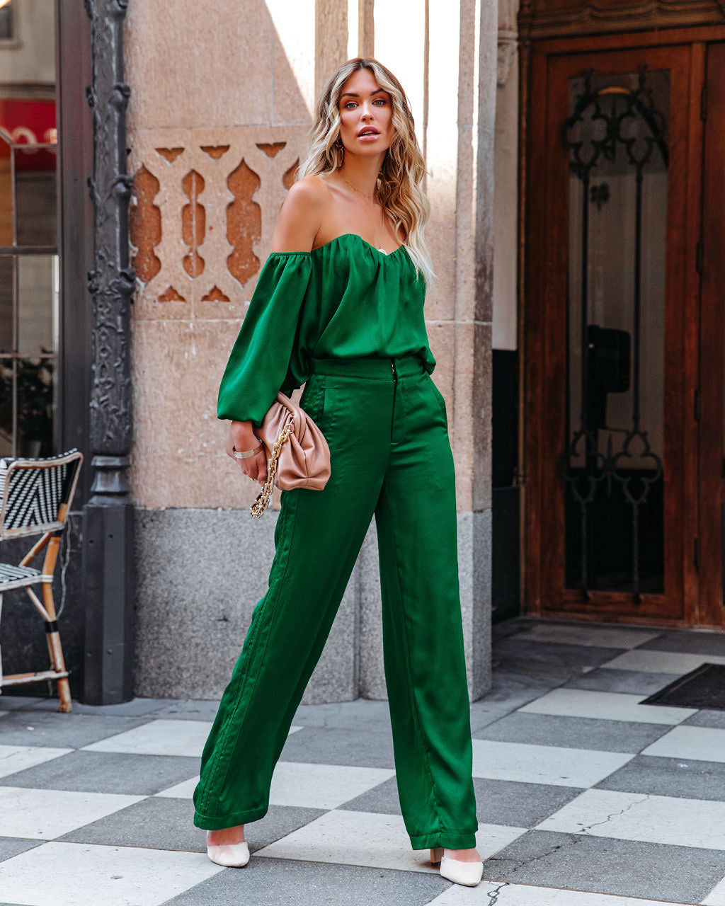 Clockwork Pocketed Satin Wide Leg Trousers - Green - FINAL SALE – InsStreet