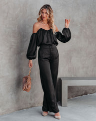 Clockwork Satin Off The Shoulder Blouse - Black DEE-001