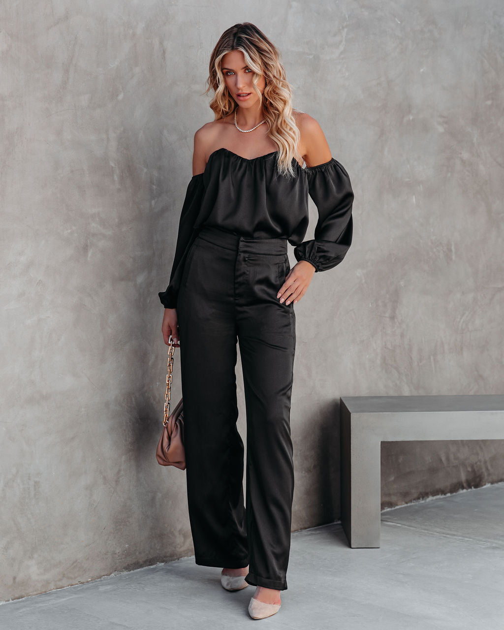 Clockwork Pocketed Satin Wide Leg Trousers - Black DEE-001