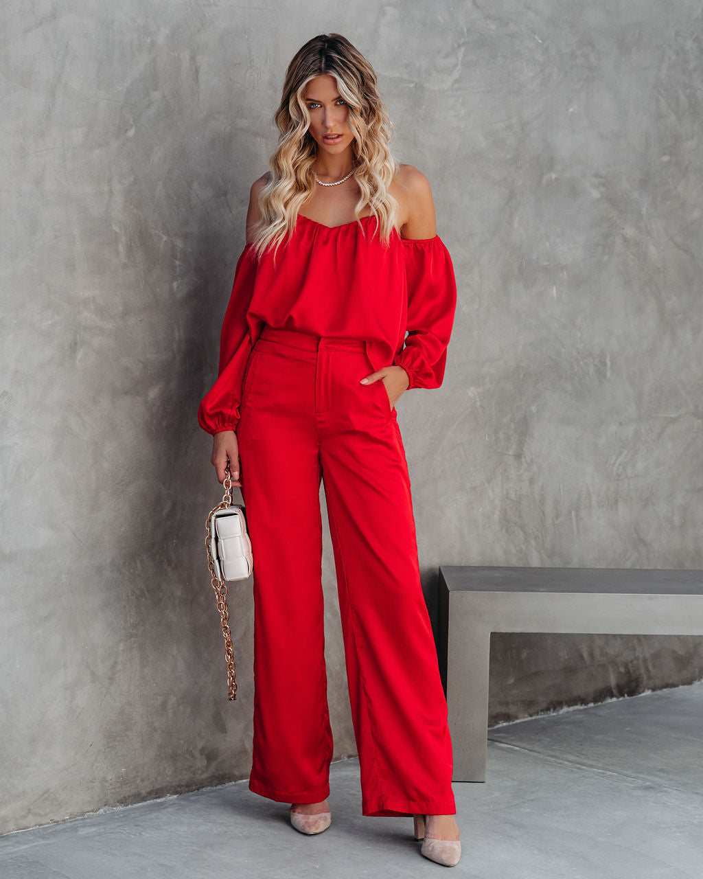 Clockwork Pocketed Satin Wide Leg Trousers - Red DEE-001