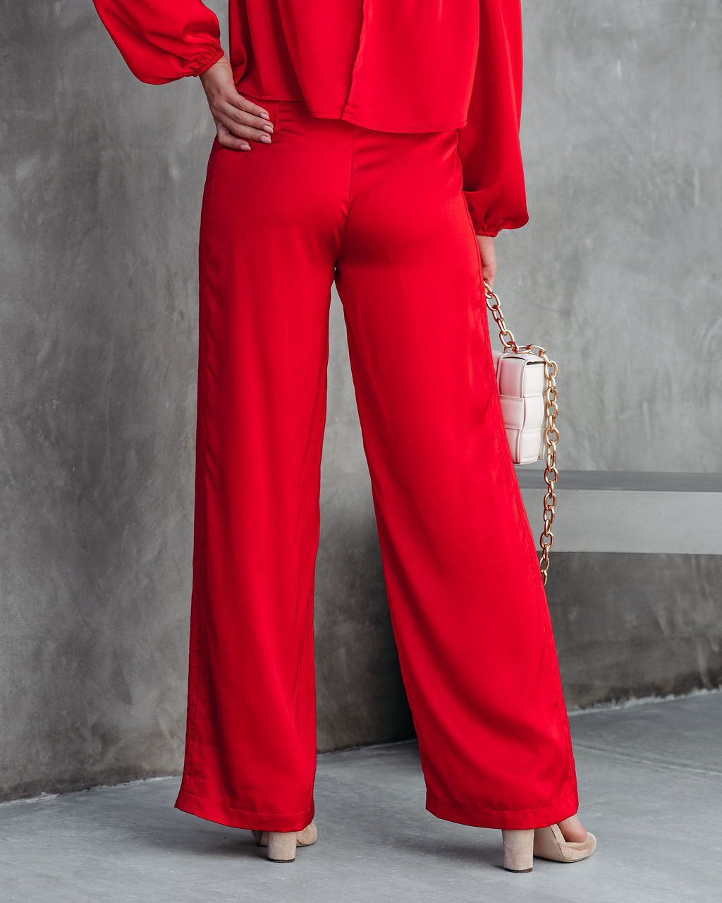 Clockwork Pocketed Satin Wide Leg Trousers - Red DEE-001