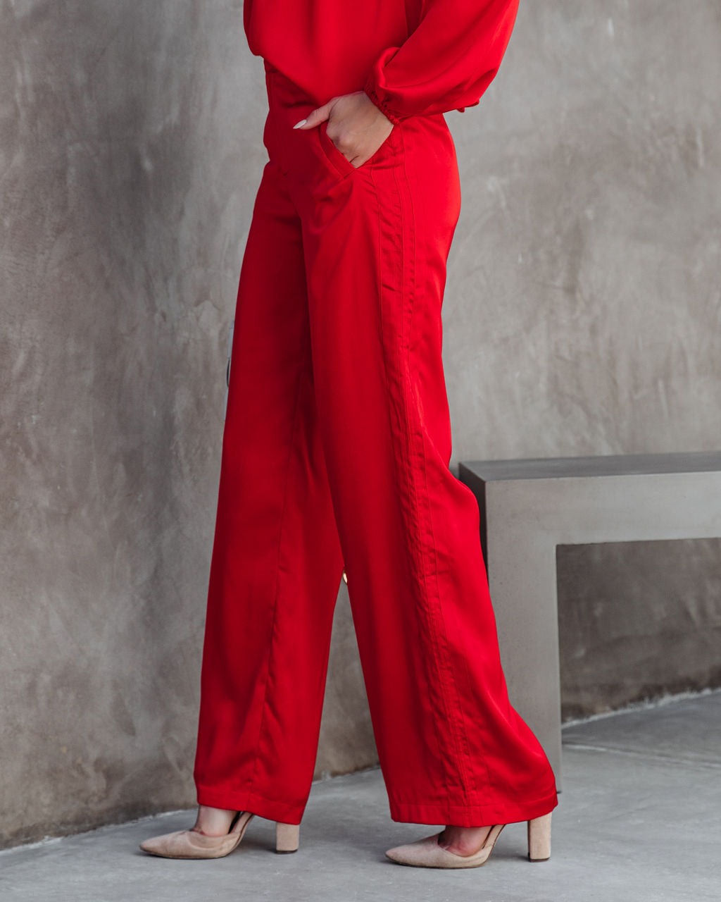 Clockwork Pocketed Satin Wide Leg Trousers - Red DEE-001