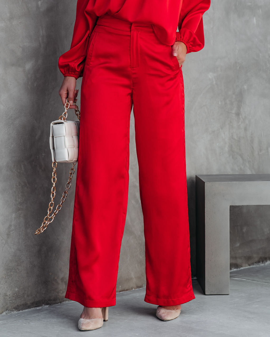 Clockwork Pocketed Satin Wide Leg Trousers - Red DEE-001