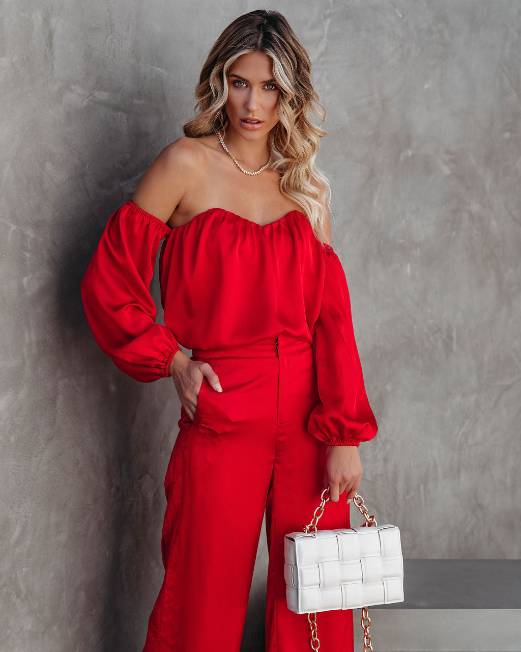 Clockwork Satin Off The Shoulder Blouse - Red DEE-001