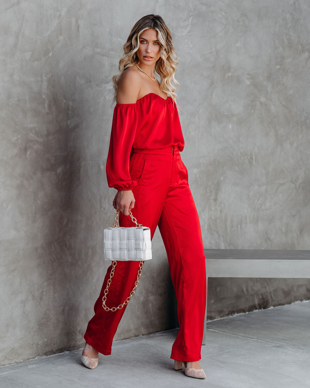 Clockwork Pocketed Satin Wide Leg Trousers - Red DEE-001