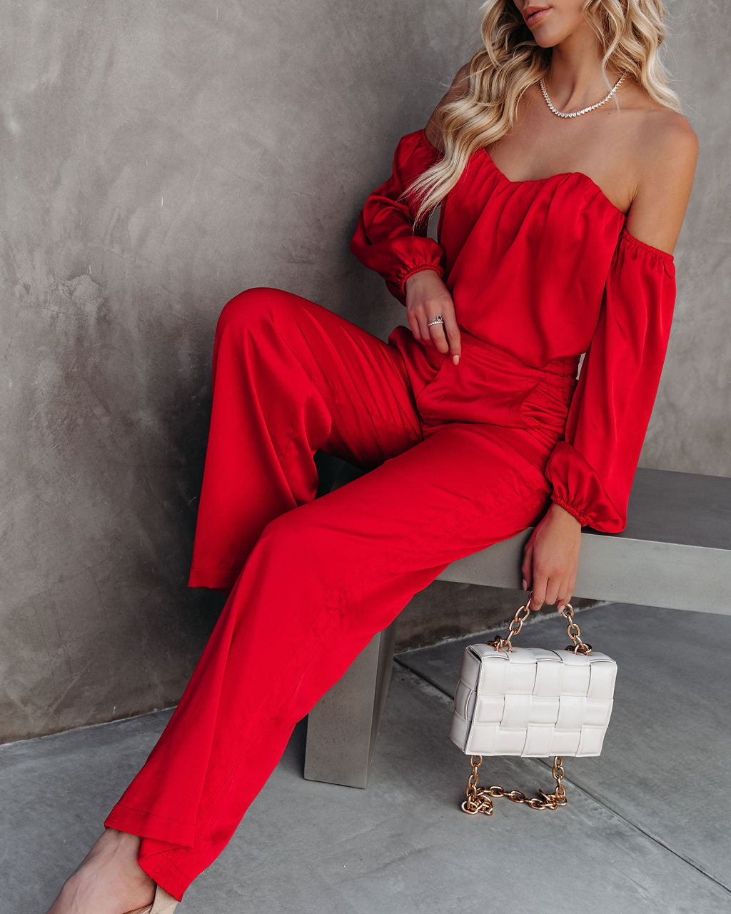 Clockwork Pocketed Satin Wide Leg Trousers - Red DEE-001