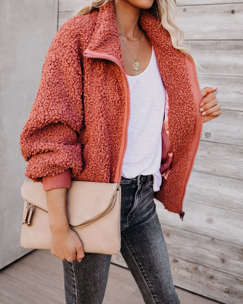 Cool For The Winter Pocketed Teddy Jacket - Terracotta - FINAL SALE PROM-001