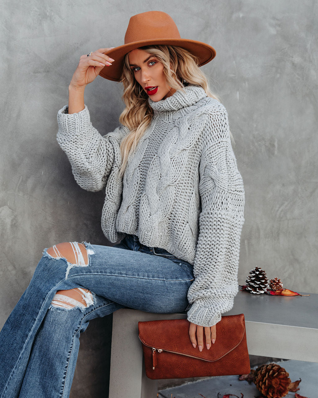 Cuddle Weather Cable Knit Handmade Turtleneck - Grey POL-001