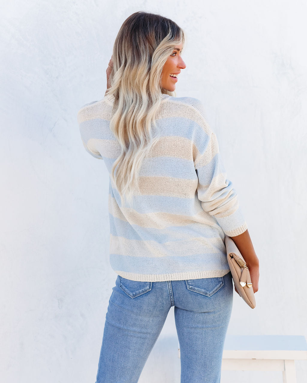 Curie Striped Lightweight Knit Sweater - Ivory Blue TEA-002