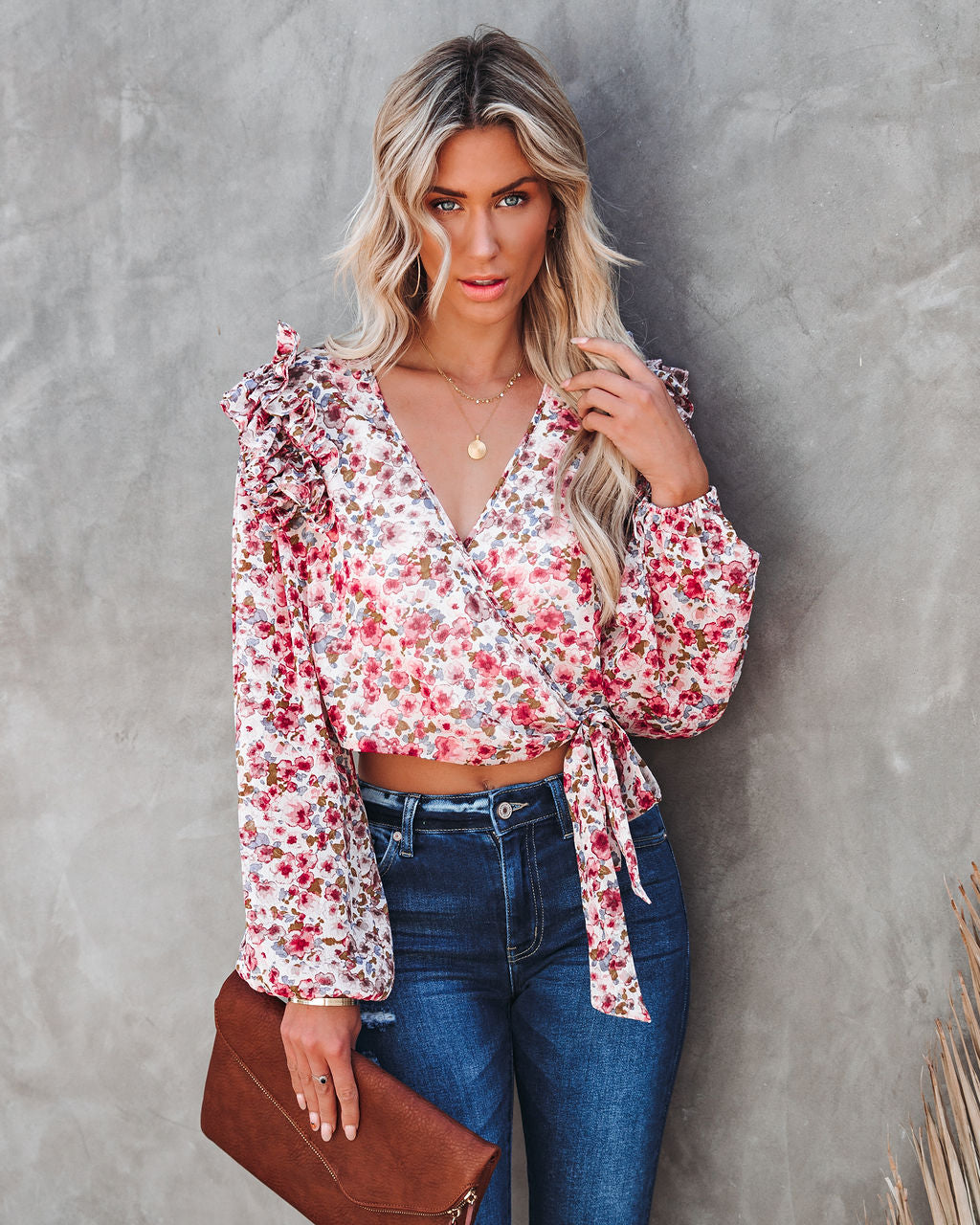 Cut Above Floral Chiffon Ruffle Wrap Blouse FATE-001