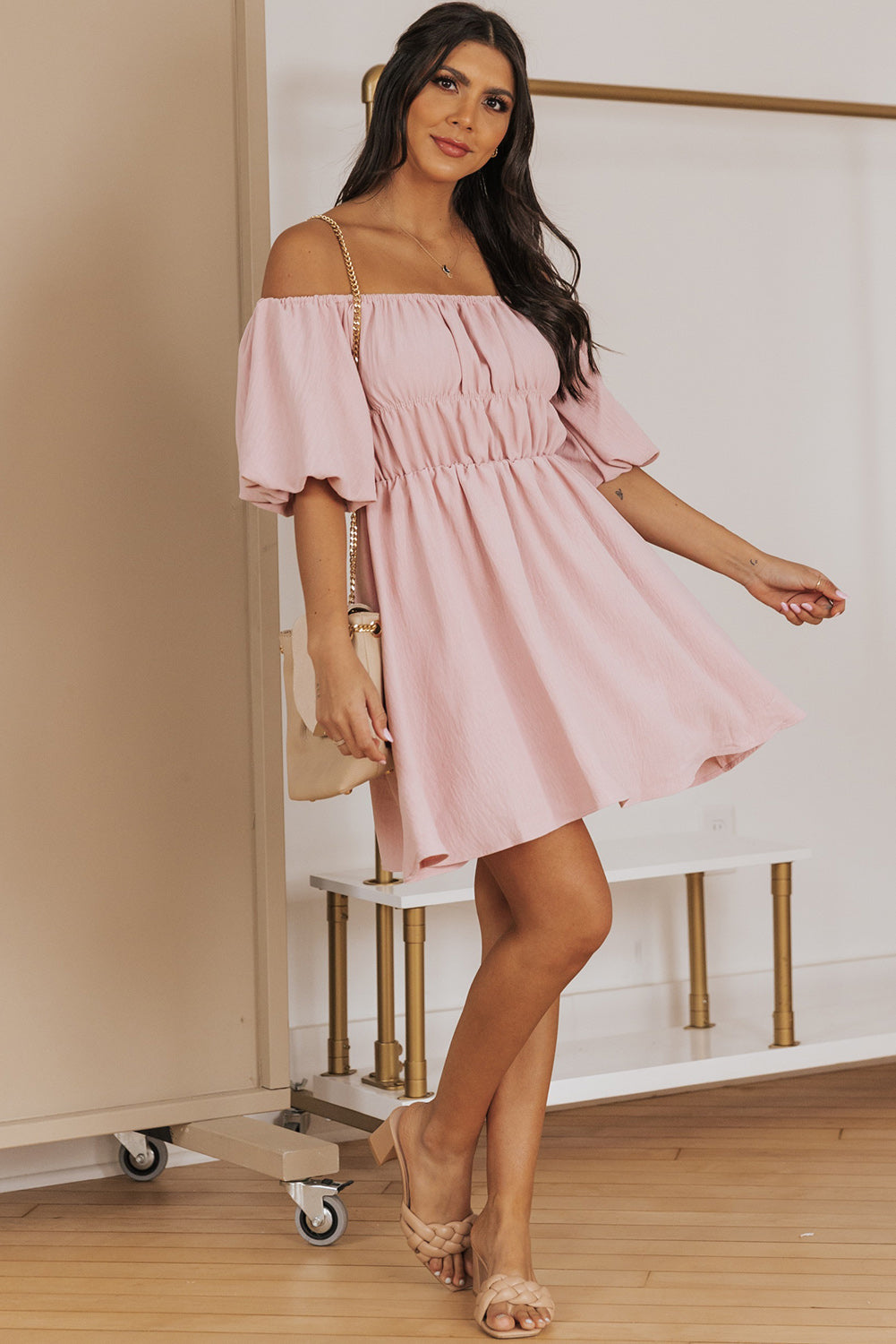 Off-Shoulder Balloon Sleeve Mini Dress Ins Street