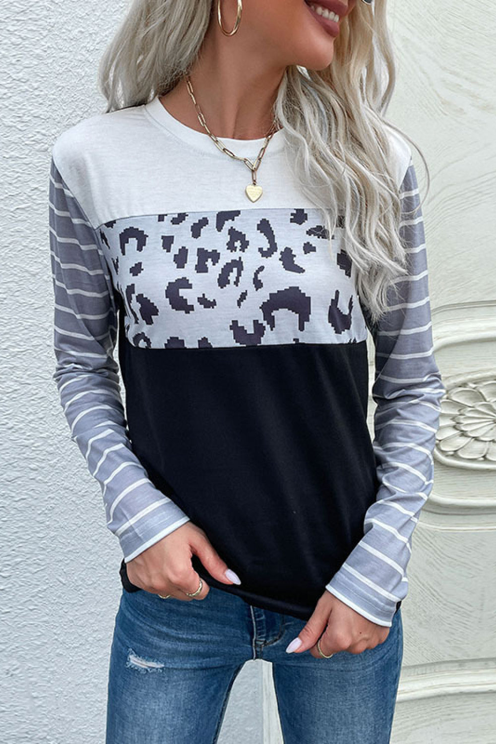 Mixed Print Round Neck Tee Shirt Ins Street