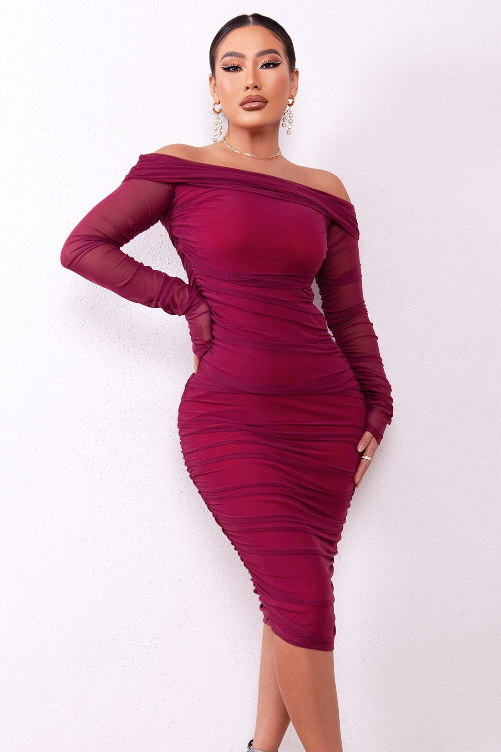 Off-Shoulder Ruched Midi Bodycon Dress Ins Street