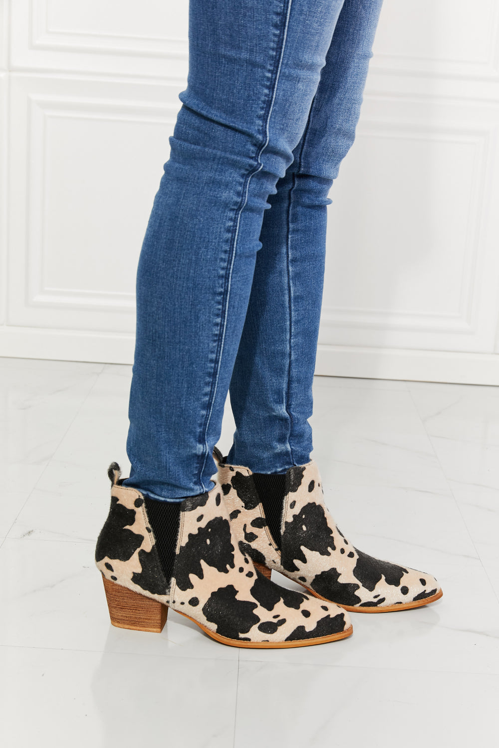 MMShoes Back At It Point Toe Bootie in Beige Cow Print Ins Street