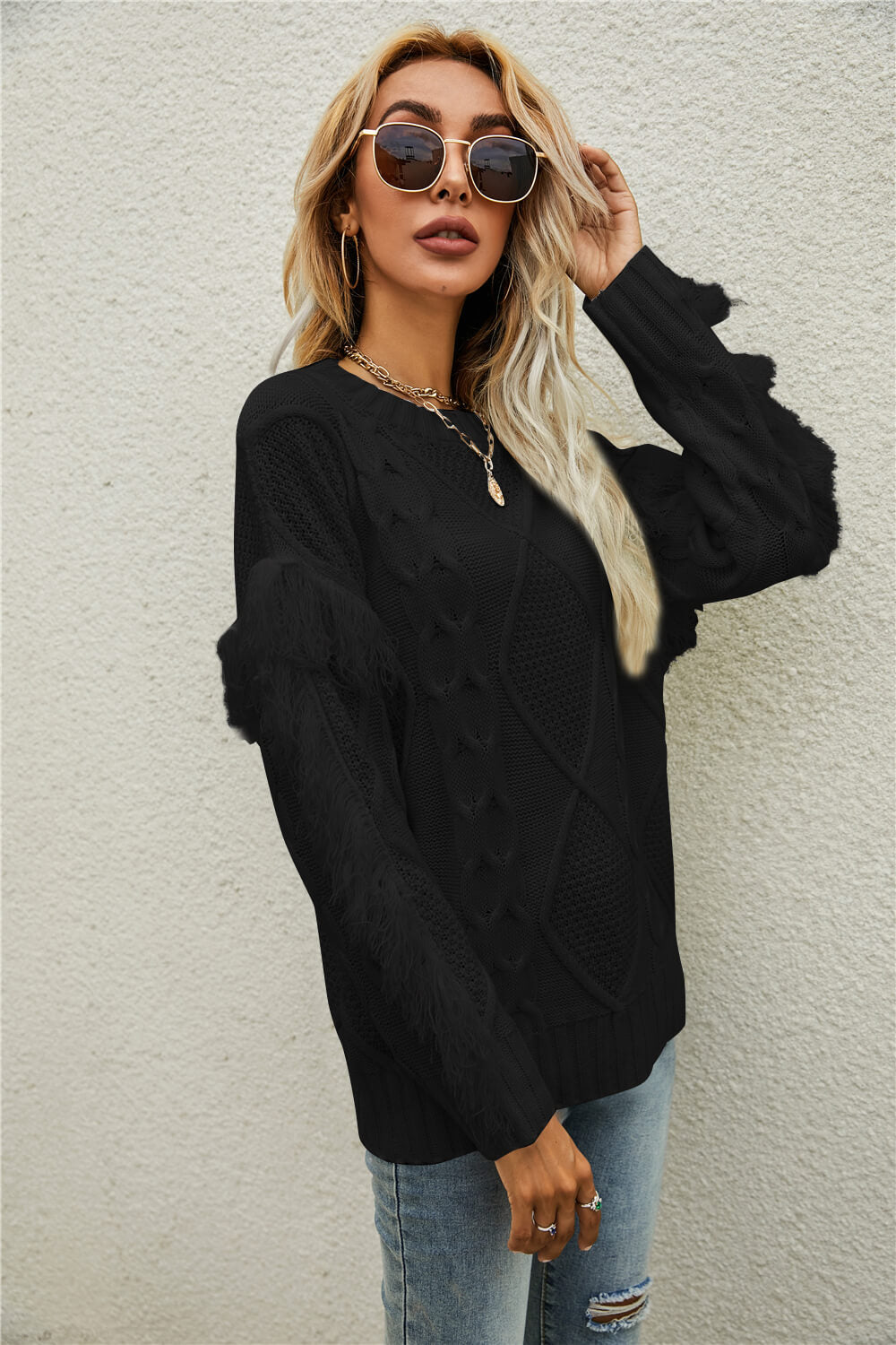 Mixed Knit Fringe Detail Round Neck Sweater Ins Street