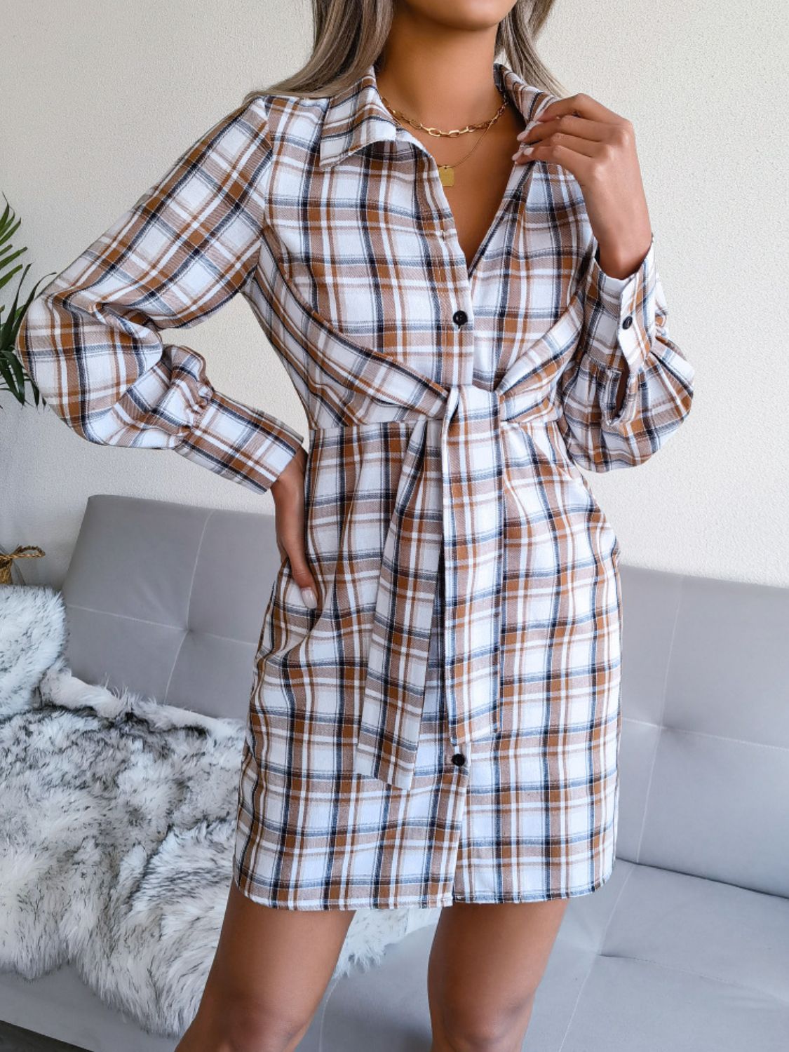 Plaid Button Down Tie Front Shirt Dress Ins Street