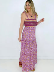 Pink Shirred Ruffled Sleeveless Floral Maxi Dress Kiwidrop