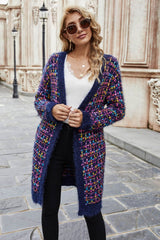 Multicolored Ribbed Trim Open Front Cardigan with Pockets Ins Street