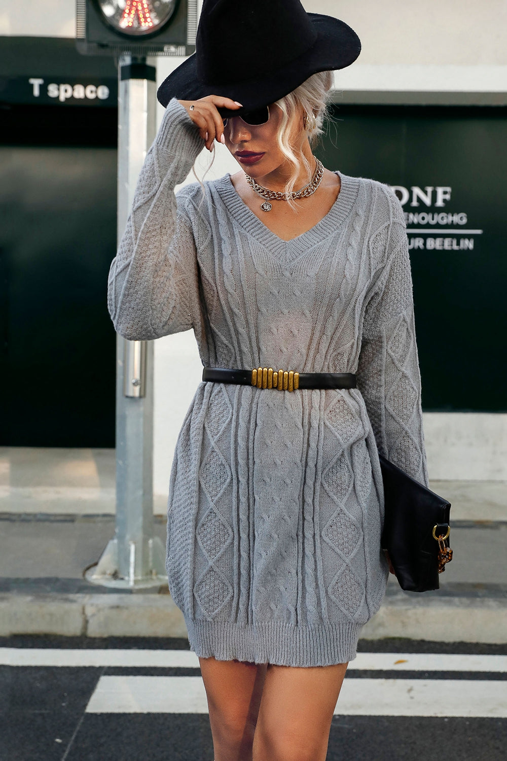 Mixed Knit V-Neck Mini Sweater Dress Ins Street