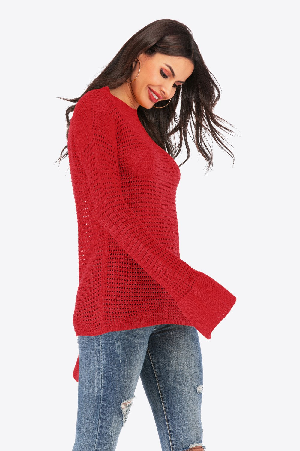 Openwork Flare Sleeve Round Neck Sweater Ins Street