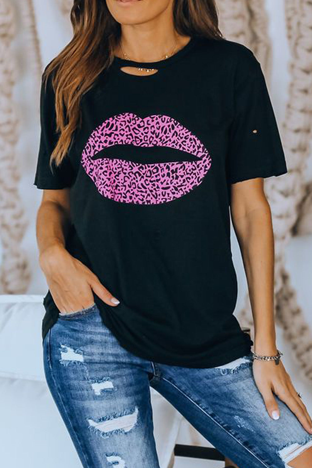 Leopard Lip Distressed T-Shirt Ins Street