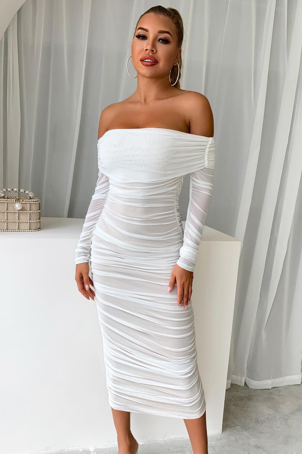 Off-Shoulder Ruched Midi Bodycon Dress Ins Street