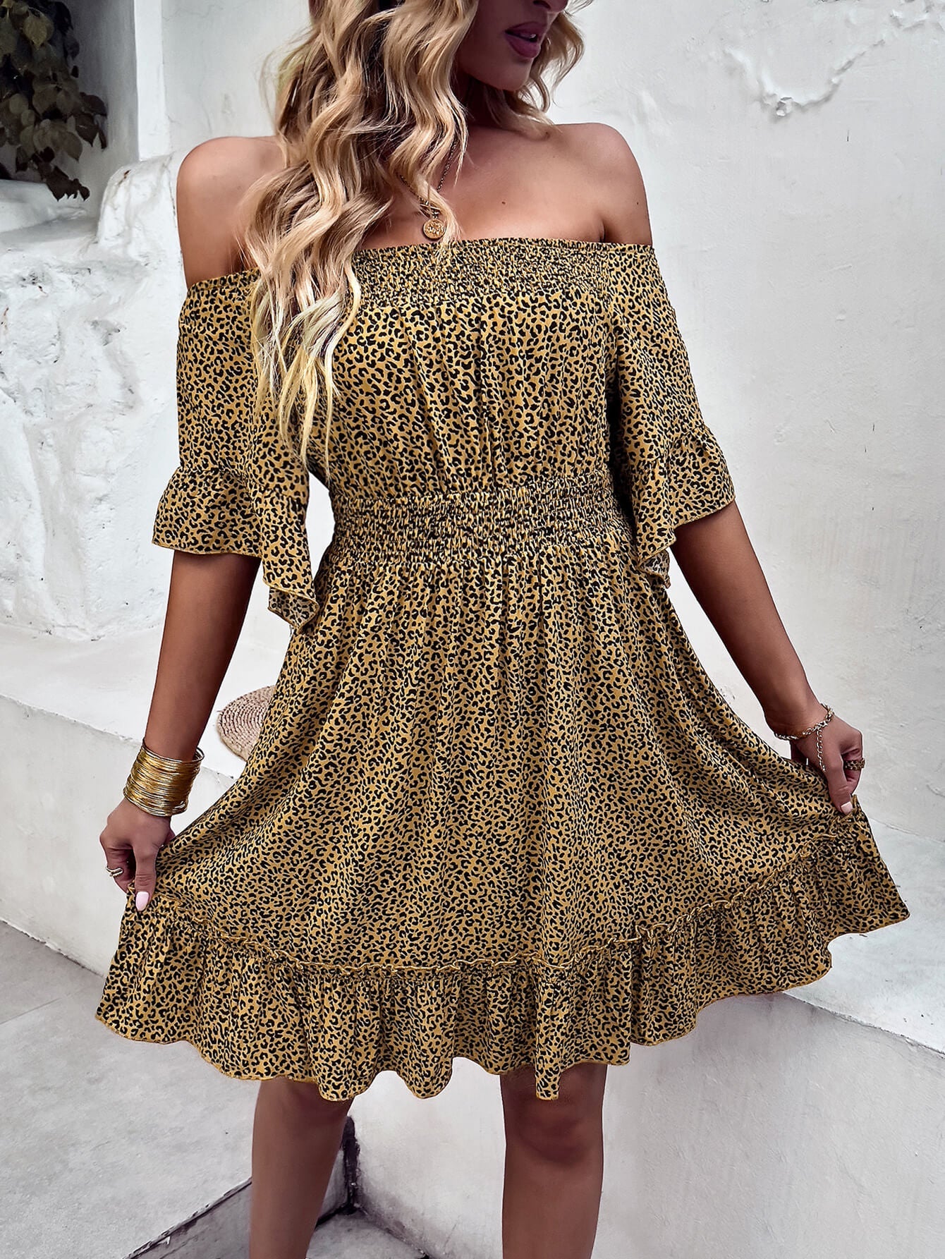 Leopard Print Off-Shoulder Frill Trim Mini Dress Ins Street