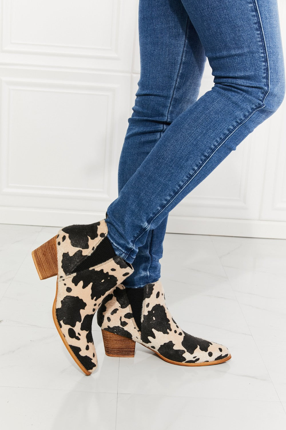 MMShoes Back At It Point Toe Bootie in Beige Cow Print Ins Street