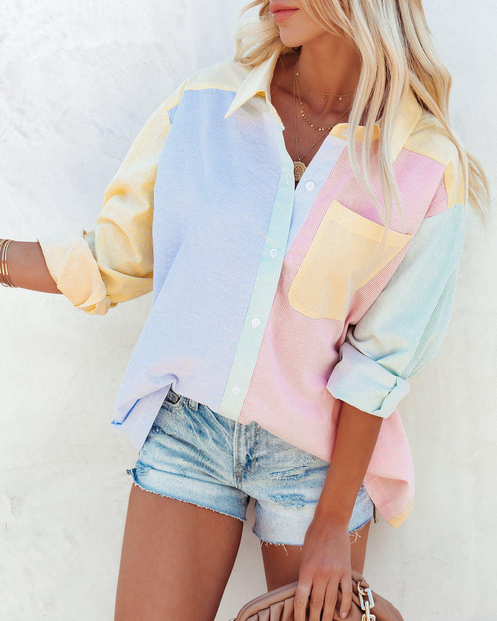 Daffy Cotton Blend Colorblock Button Down Top MABL-001