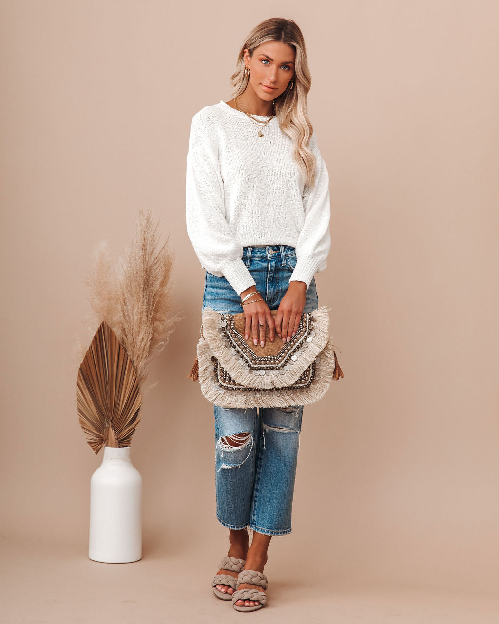 Day In Paradise Cotton Billow Sleeve Sweater - Off White - FINAL SALE LUSH-001