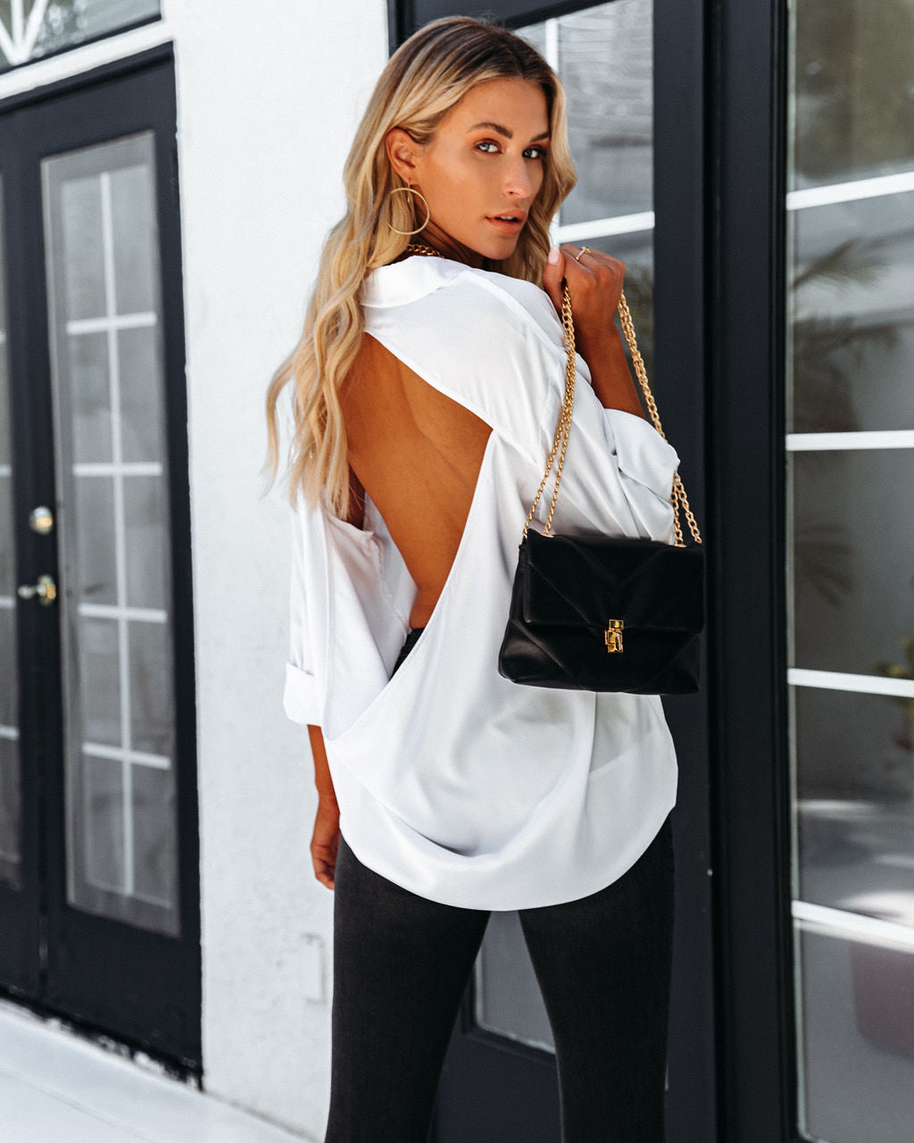 Dazzle Backless Satin Button Down Blouse - Off White - FINAL SALE SKYL-002