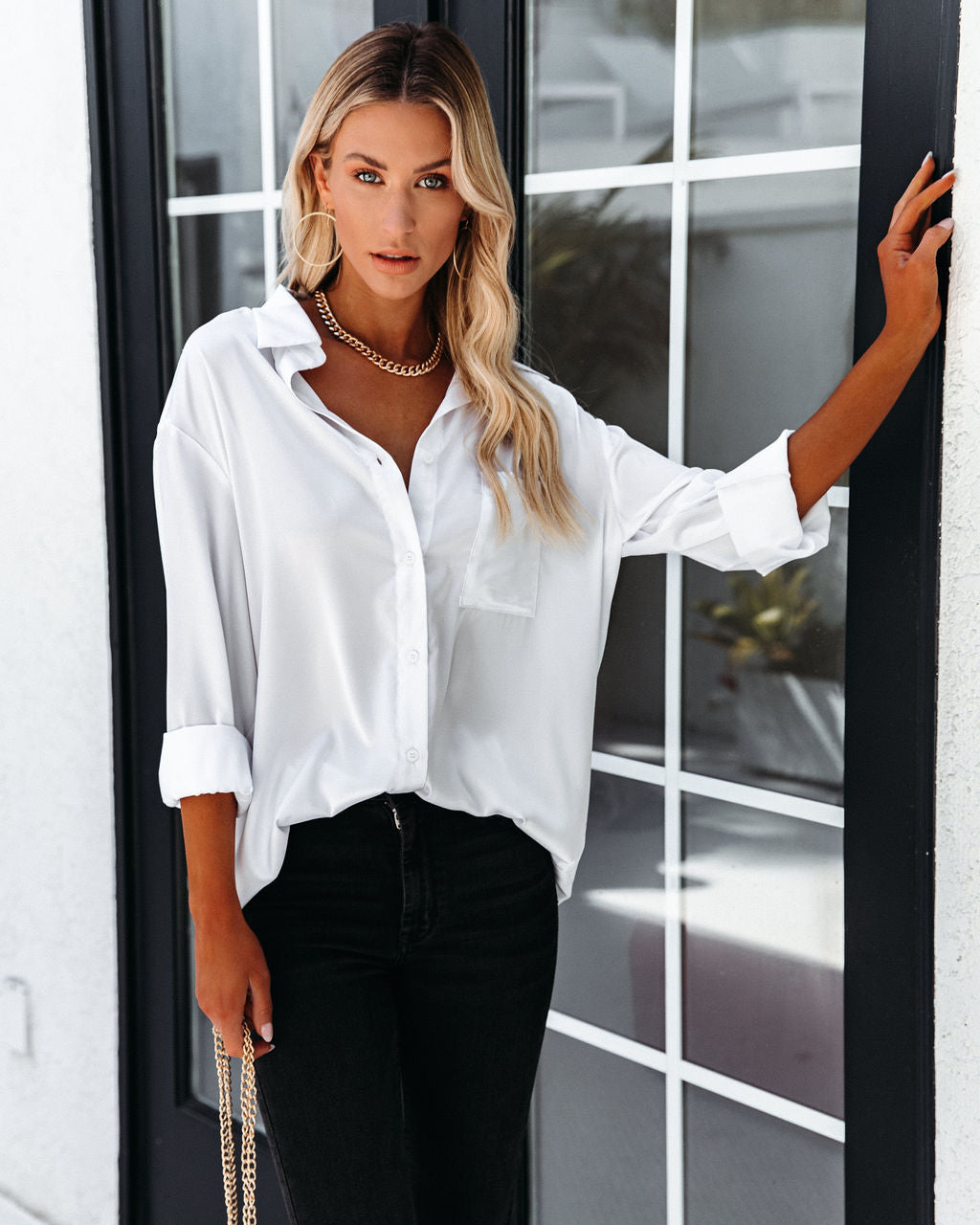 Dazzle Backless Satin Button Down Blouse - Off White - FINAL SALE SKYL-002