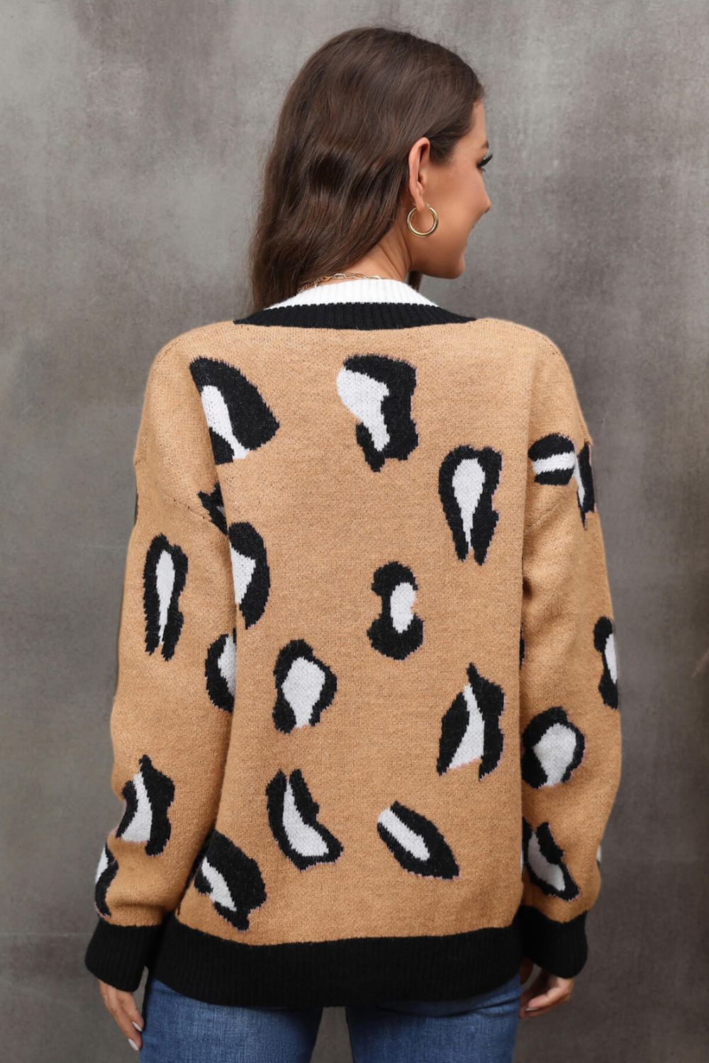 Leopard Ribbed Trim Drop Shoulder Cardigan Ins Street