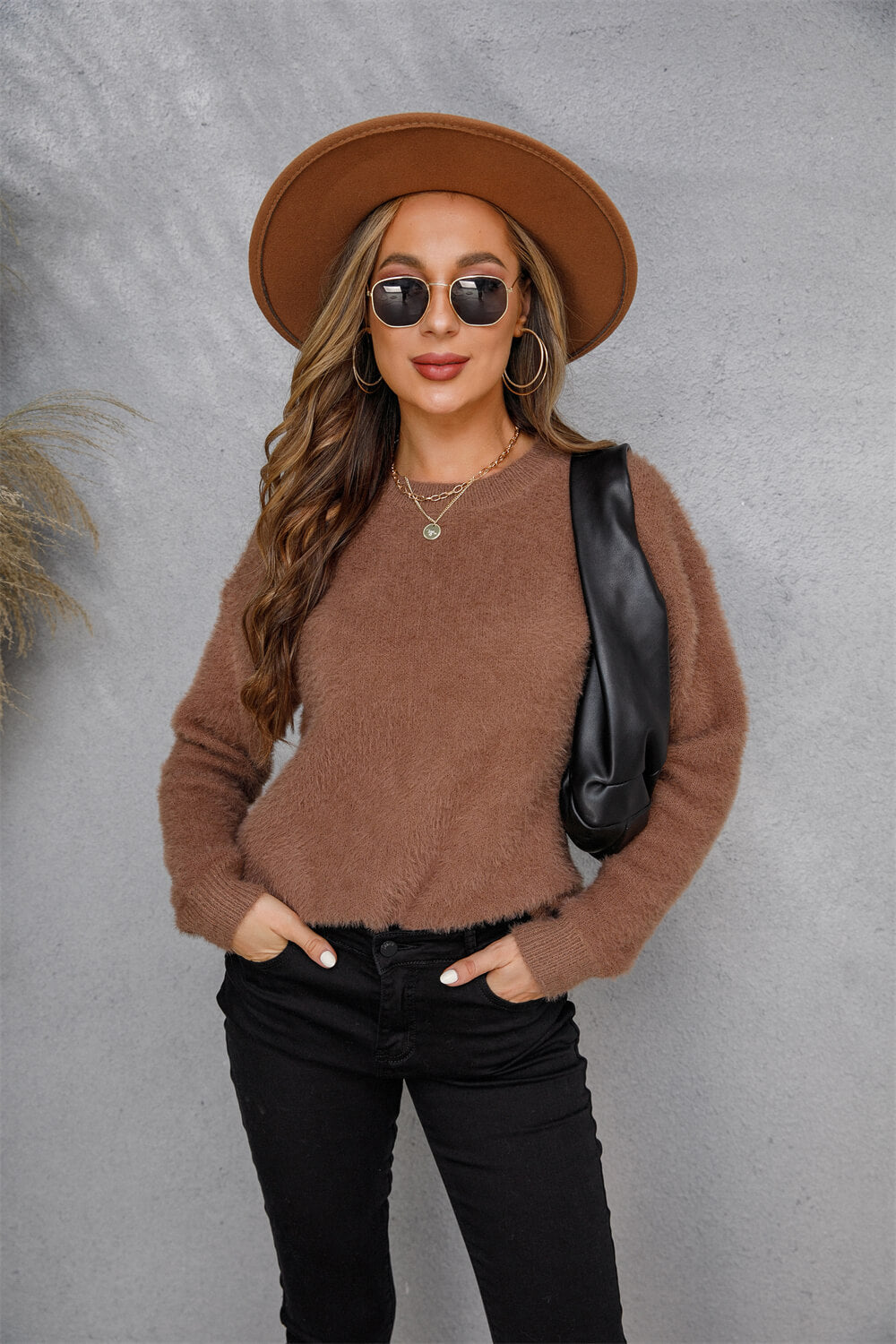 Dropped Shoulder Round Neck Fuzzy Sweater Ins Street