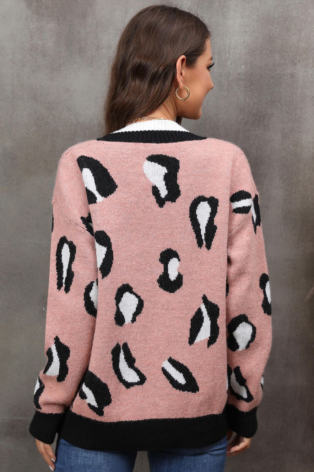 Leopard Ribbed Trim Drop Shoulder Cardigan Ins Street