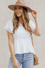 Lace Trim V-Neck Tied Peplum Blouse Ins Street