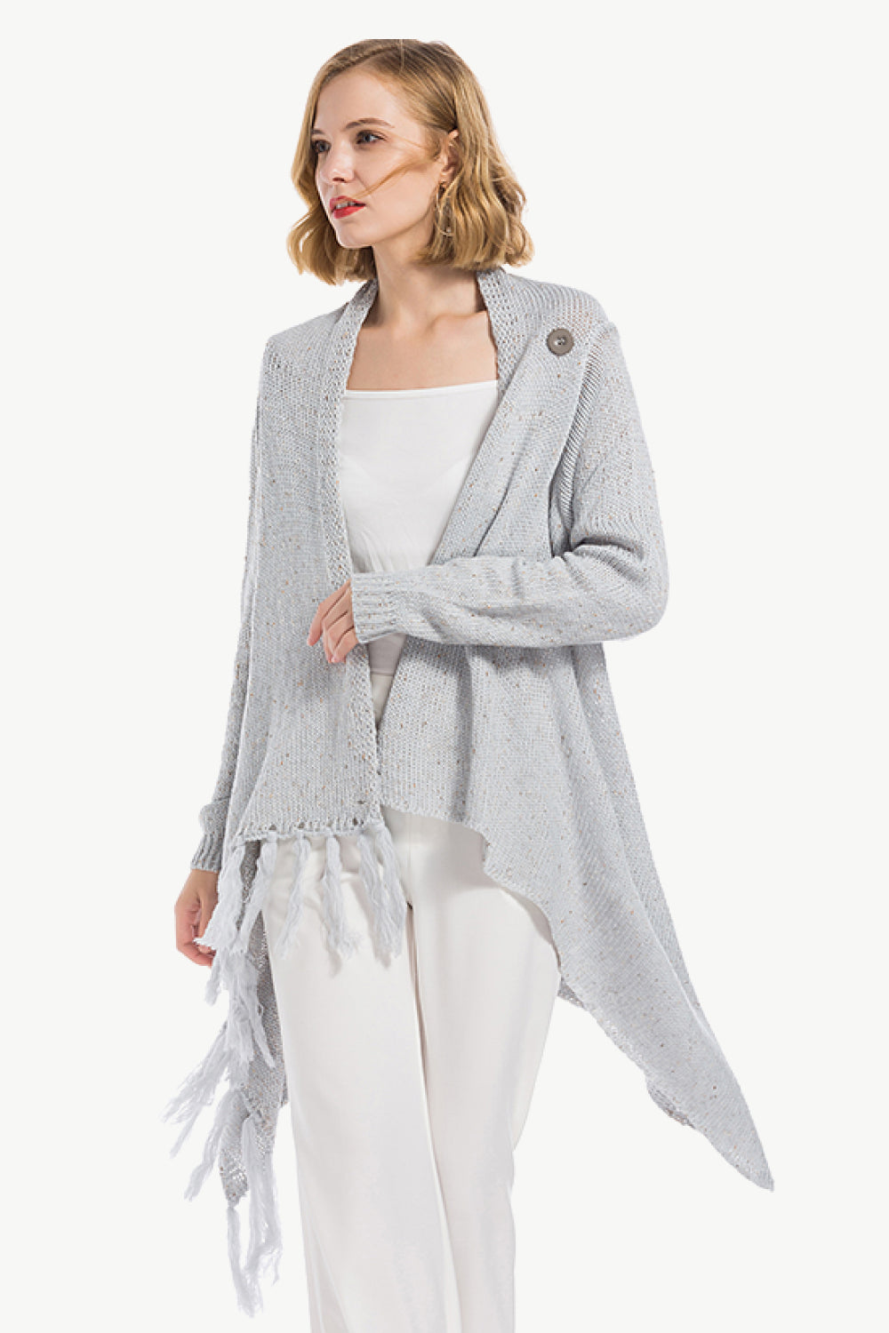 One-Button Tassel Tie Asymmetrical Hem Cardigan Ins Street