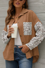 Leopard Splicing Button Front Corduroy Blouse Ins Street