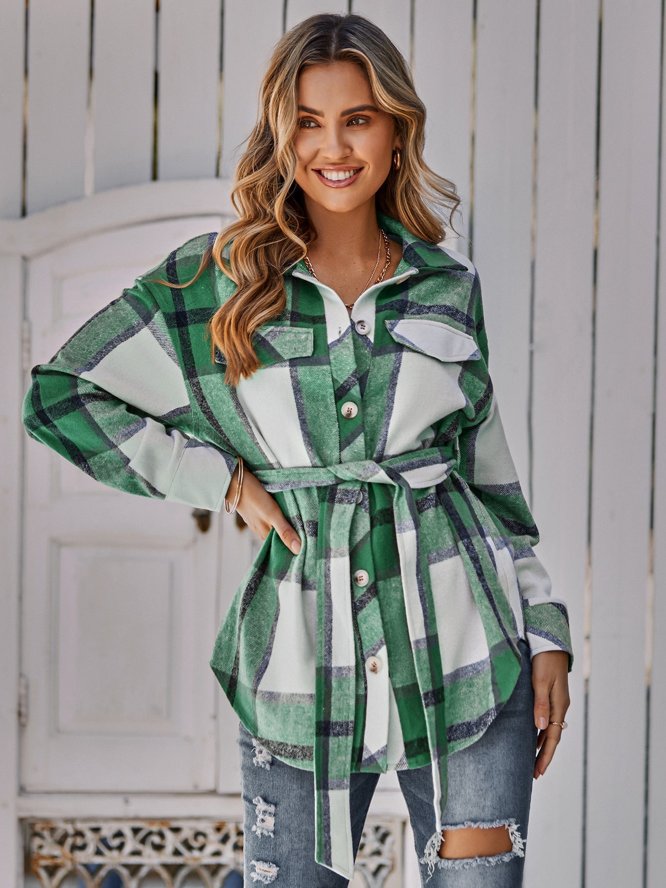 Plaid Belted Dropped Shoulder Shirt Jacket Ins Street