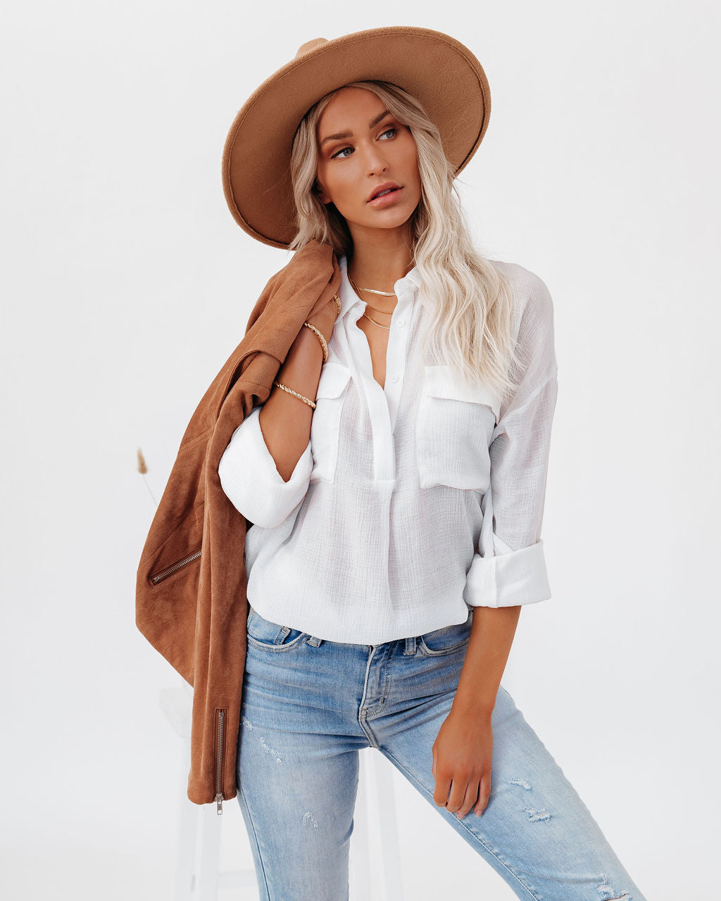 Dedicated Button Down Pocket Top - Ivory LUMI-001