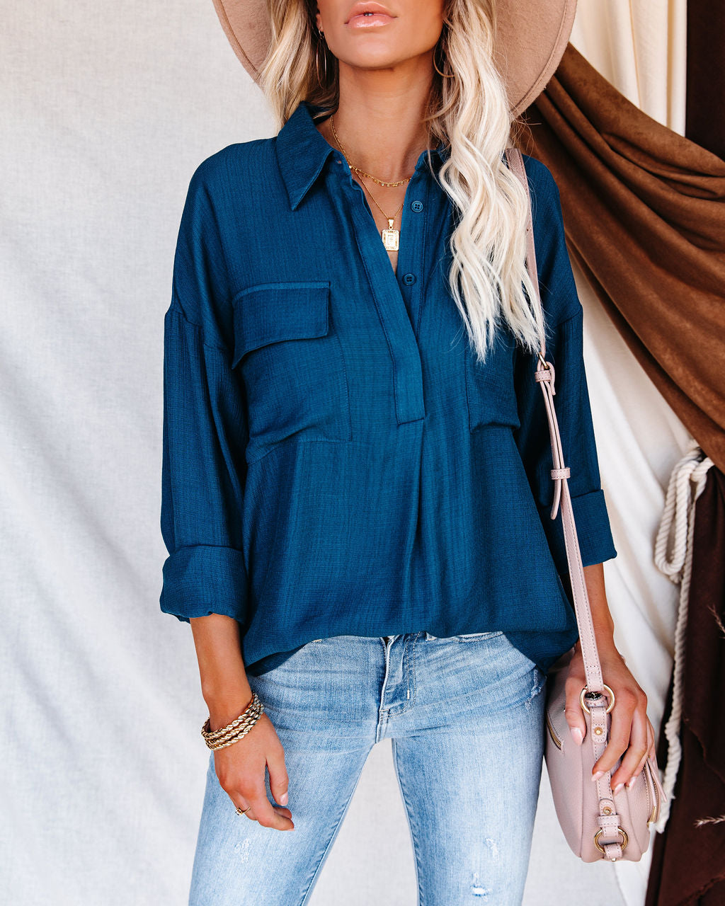 Dedicated Button Down Pocket Top - Navy LUMI-001