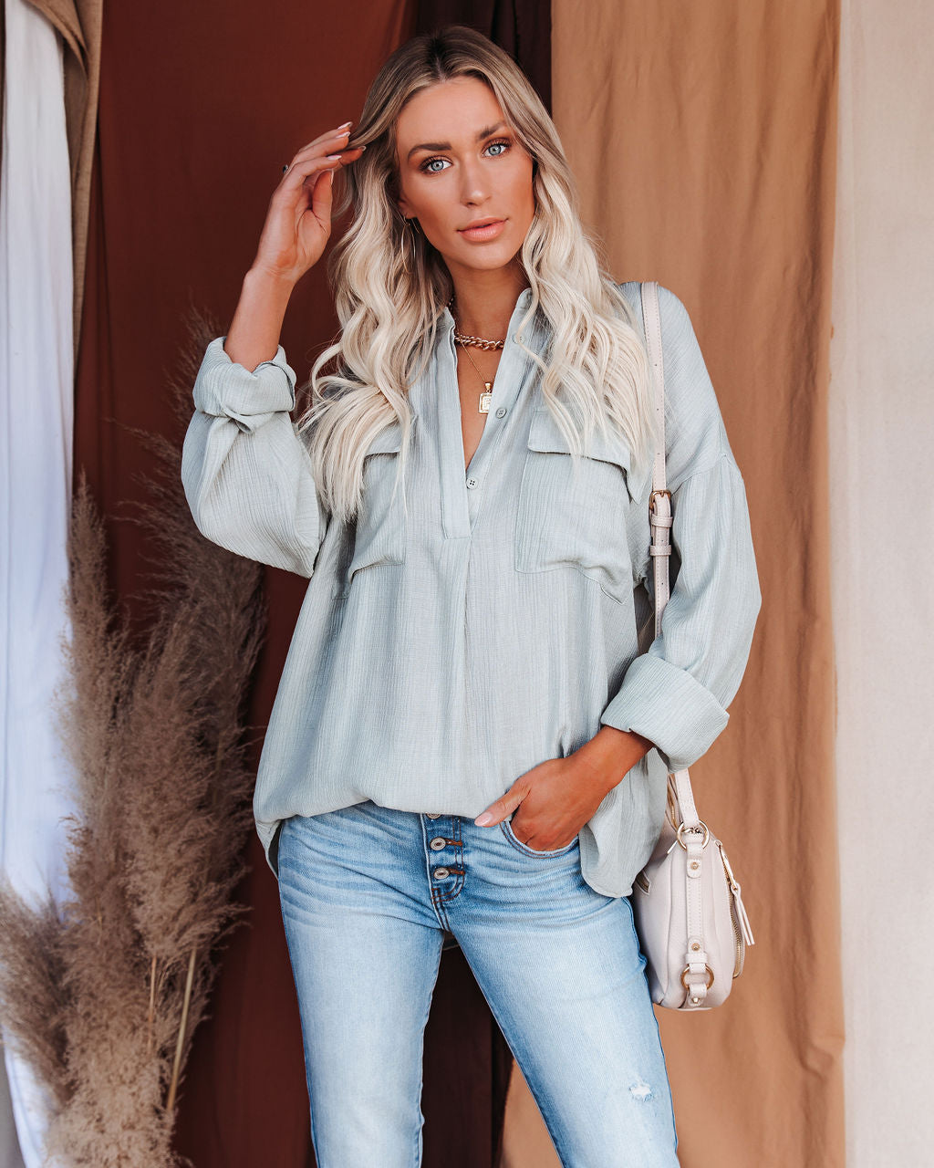 Dedicated Button Down Pocket Top - Sage LUMI-001