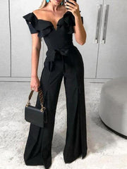 Deep V-Neck Belted Wide-Leg Jumpsuit Ins Street