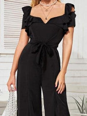 Deep V-Neck Belted Wide-Leg Jumpsuit Ins Street