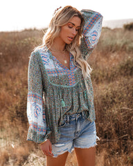 Deep Water Floral Tassel Top OLIV-001